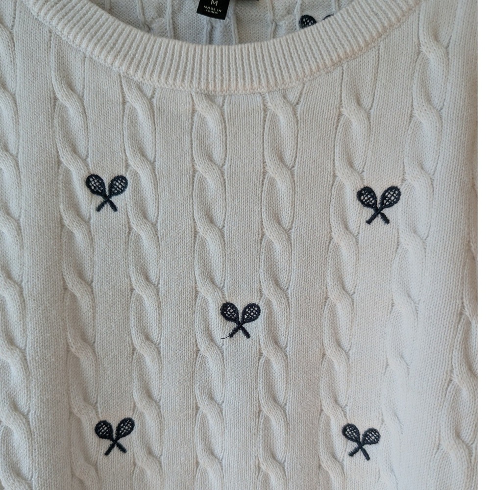 Talbots White Cable Knit Tennis Racket Embroidered Sweater Short Sleeve Preppy - Picture 3 of 7